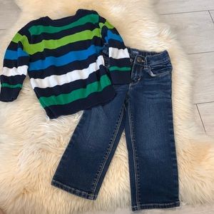 Old Navy Blue Jeans and Striped Knit Sweater Size 18-24M